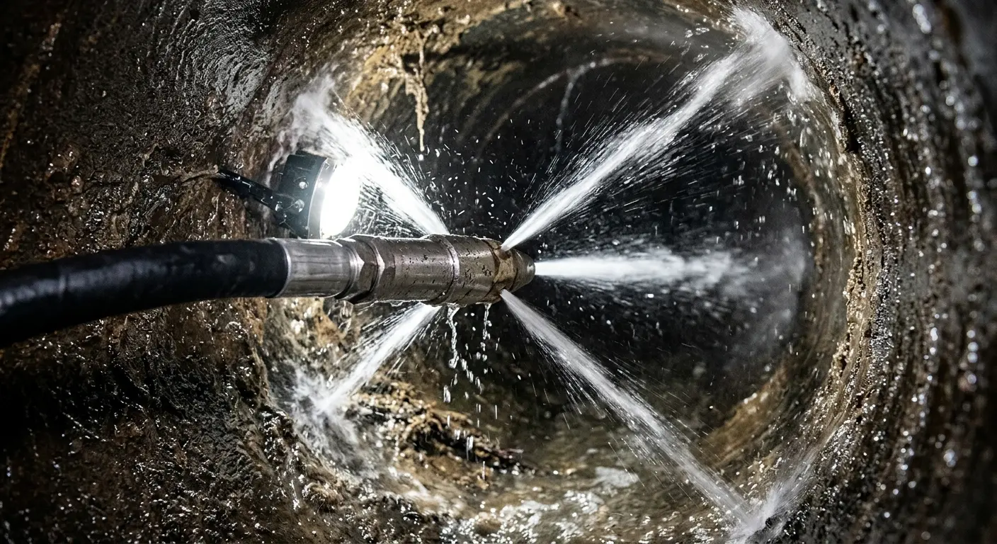 High-pressure hydro jetting nozzle cleaning sewer pipe for Trenchless Sewer Repair in St. Matthews
