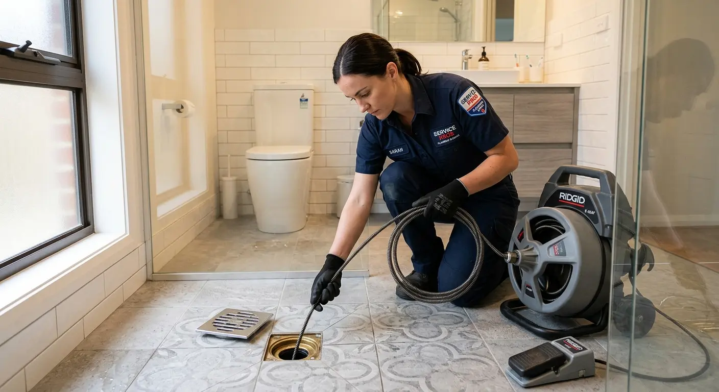 Technician clearing a bathroom floor drain for Drain Cleaning in St. Matthews